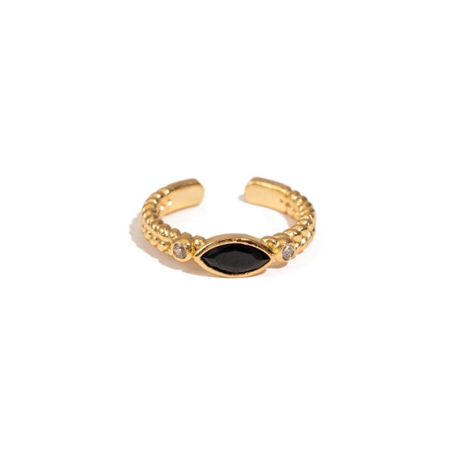 Metal Black Onyx Teardrop Gemstone Adjustable Gold Ring, Size 4 For Sale - Image 7 of 7