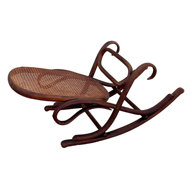 Victorian Antique Vienna Secession Dark Bent Oak & Cane Rocking Foot Stool Attributed to Thonet No.7001 For Sale - Image 3 of 8
