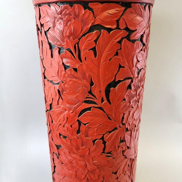 Red Carved Red Cinnabar-Style Lacquer Floor Vase or Umbrella Stand, Beijing Factory For Sale - Image 8 of 16