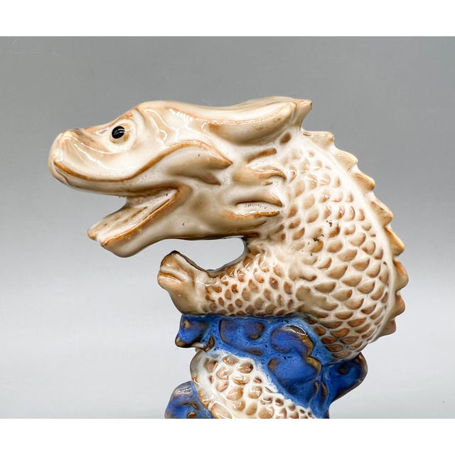 Pair of Vintage Ceramic Asian Style Dragons on Cobalt Blue Waves – Sculptural Figurines - Chinoiserie, Mid Century Modern Eclectic, Hollywood Regency For Sale - Image 11 of 13