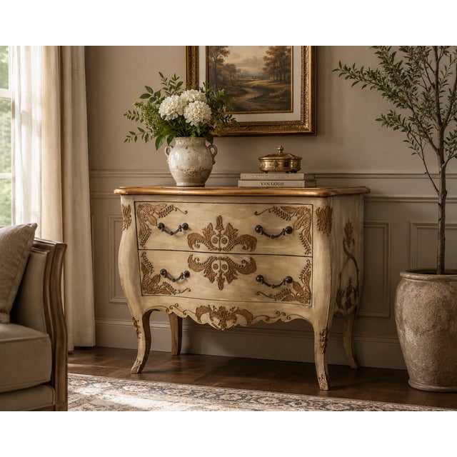 A beautifully decorated commode, this piece stands out with its ornate metallic-painted gesso appliqués, adding a touch of...