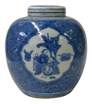 Hand-Paint House Ladies Graphic Blue White Porcelain Ginger Jar