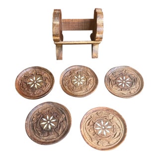 1970s Collection of Hand Carved Wooden Coasters With Holder - 6 pcs For Sale