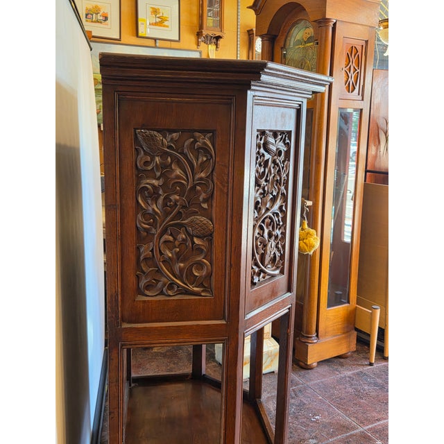 Wood Gothic Oak French Highly Carved Liquor Cabinet With Gothic Foliage and Original 1880s Key For Sale - Image 7 of 13