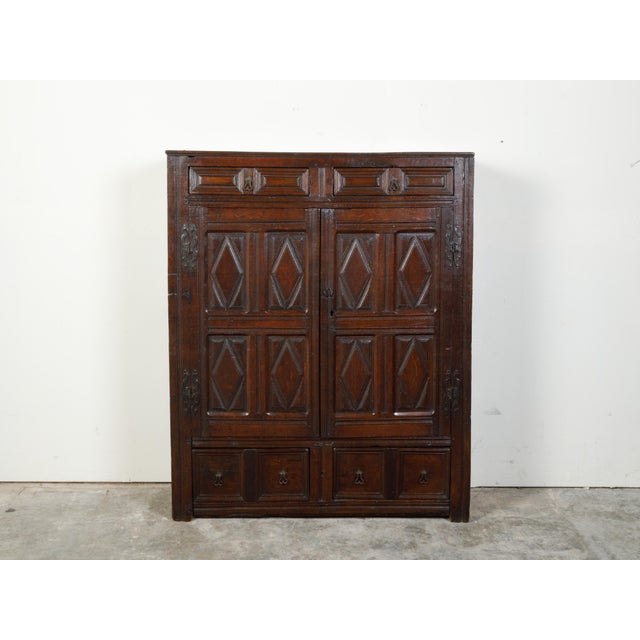 Early 19th Century English 1800s Wooden Court Cupboard with Doors, Drawers and Diamond Motifs For Sale - Image 5 of 12