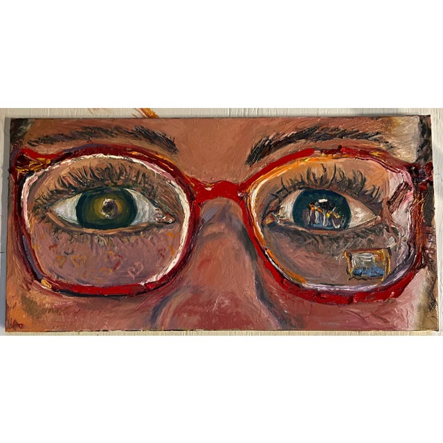 Wood "The Red Glasses", Original, Unique Oil Painting, by Van Ness For Sale - Image 7 of 9