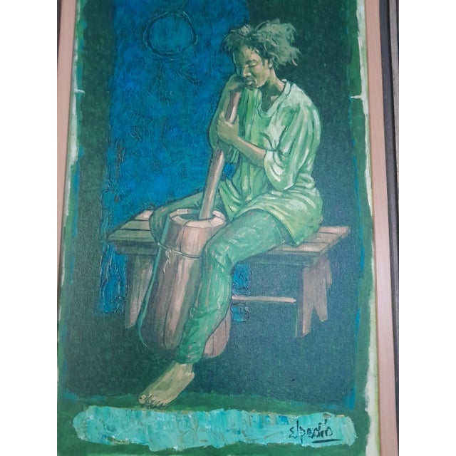 Acrylic on canvas by Jamaican artist Elpedio Robinson, depicting a seated woman lost in quiet contemplation. Expressive...