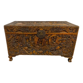 Vintage Chinese Camphor Chest Trunk or Coffee Table Hand Carved W Boats Ships For Sale