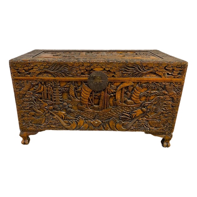 Vintage Chinese Camphor Chest Trunk or Coffee Table Hand Carved W Boats Ships For Sale