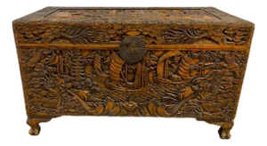 Vintage Chinese Camphor Chest Trunk or Coffee Table Hand Carved W Boats Ships