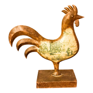 Primitive Large 1980s Aluminum Rooster With Hand Painted Decoupage in a Toile Design.
