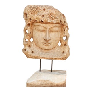 Hand-Carved Teak Buddha Head Statue For Sale