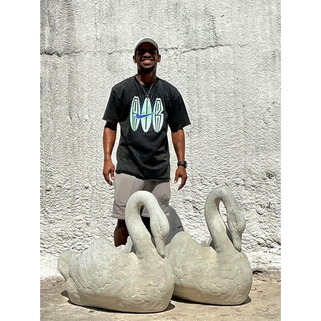 Late 20th Century Vintage Regency Cast Stone Swan Planters - A Pair For Sale - Image 5 of 6