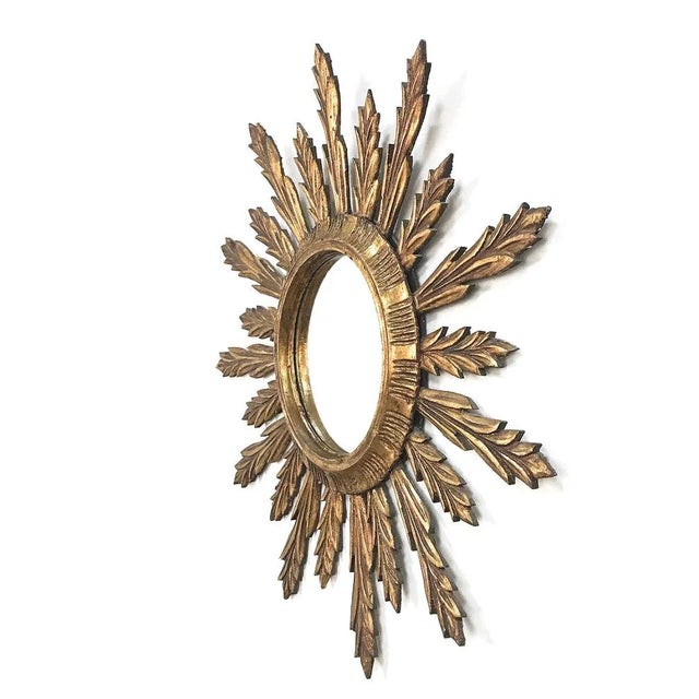 Wood Mid-Century French Modern Gilded Wood Sunburst Wall Mirror, 1950s For Sale - Image 7 of 13