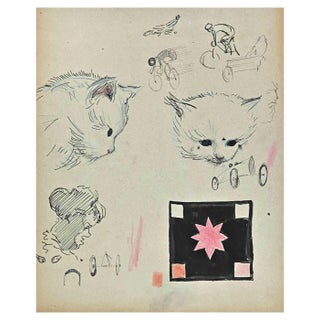 Norbert Meyre, Cats and Riders, Original Drawing, Mid-20th Century For Sale