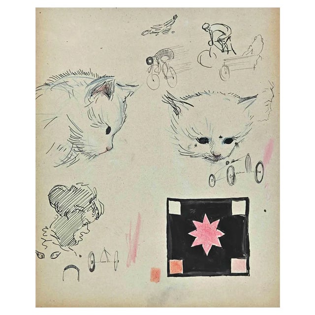 Norbert Meyre, Cats and Riders, Original Drawing, Mid-20th Century For Sale
