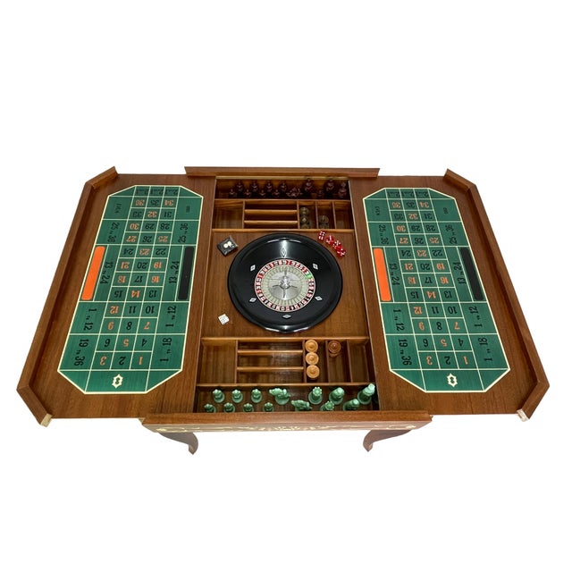 Italian Octagonal Multi-Game Table With 4 Chairs, Inlaid Wood, Chess, Backgammon & Roulette, 1980s For Sale - Image 15 of 18