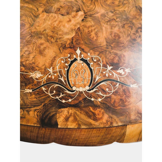 Brown Antique Oval Burlwood Coffee Table With Marquetry Inlay and Scalloped Edge For Sale - Image 8 of 16