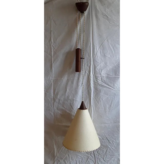 Brown Vintage Height-Adjustable Ceiling Lamp with Mounting and Counterweight in Teak with a Cream-Colored Paper Screen, 1970s For Sale - Image 8 of 8