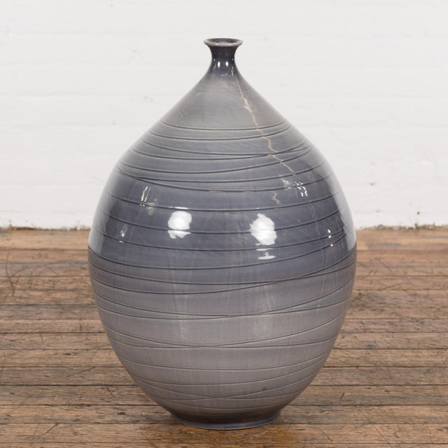 Prem Collection Hand Crafted Artisan Vase with Narrow Mouth and Blue Grey Glaze For Sale - Image 12 of 12