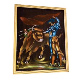 Vintage Oil on Velvet Matador and Bull #2 For Sale