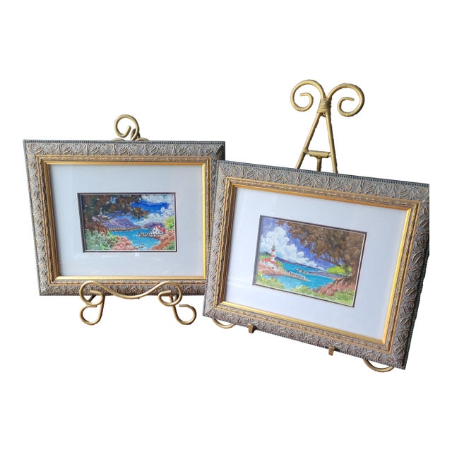 1980s Signed by A. Calabrese Framed & Matted Watercolors Small 5.5 X 4" Art Sz 9x11" Frame - a Pair For Sale