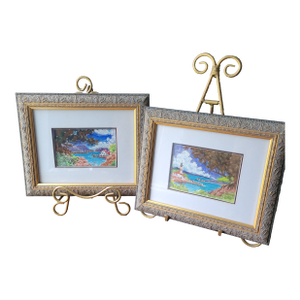 1980s Signed by A. Calabrese Framed & Matted Watercolors Small 5.5 X 4" Art Sz 9x11" Frame - a Pair