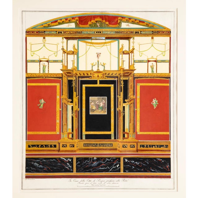 A meticulously detailed hand colored rendering of a fresco in Pompeii in what became famous as the color "Pompeii Red"....