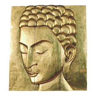 Three-Panel, Large (3 by 3.5 Feet) and Impressive Buddha Head Panel, Gold Finish For Sale