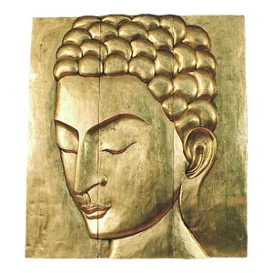 Three-Panel, Large (3 by 3.5 Feet) and Impressive Buddha Head Panel, Gold Finish