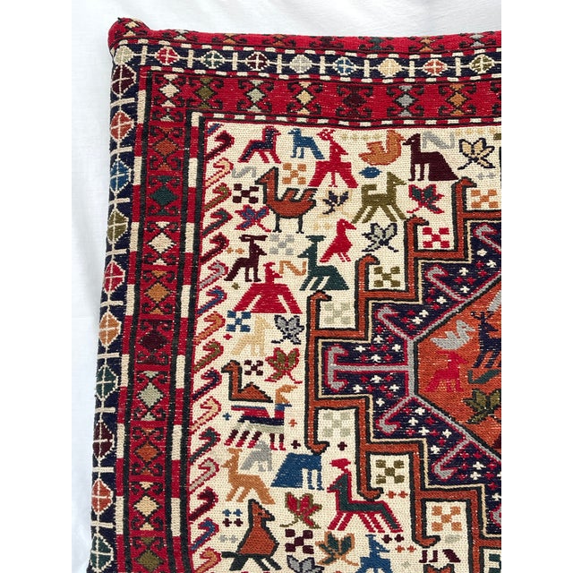 Large Caucasian Soumak Wool Rug Pillow With Animal Motifs For Sale - Image 10 of 13