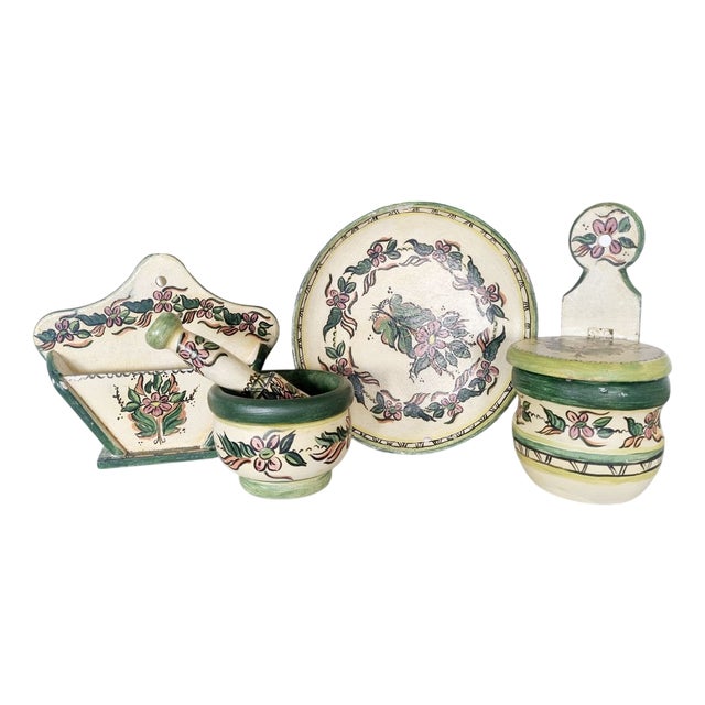 Art Deco Wooden Painted Mortar, Container and Platter, 1930s, Set of 5 For Sale