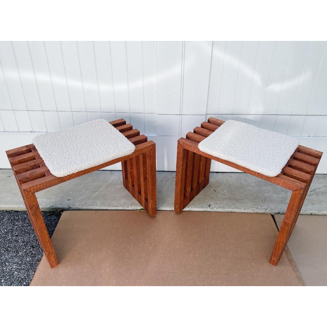 Mid-Century Modern Scandinavian Modern Pine Slatted Benches With Shearling Cushions - A Pair For Sale - Image 3 of 13