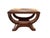 A pair of vintage curule-style leather footstools featuring padded tops upholstered in a four-quadrant, geometric leather...