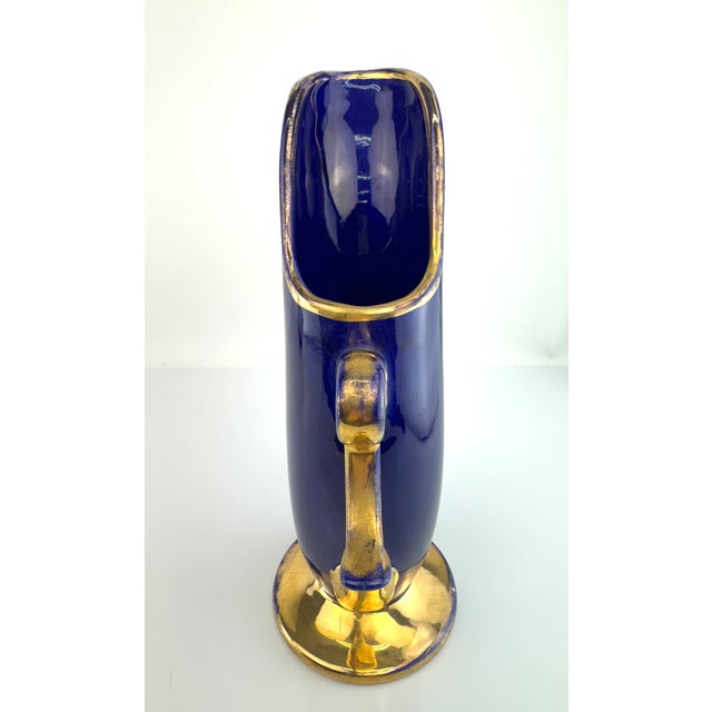 1960s Vintage Mid Century Cobalt Blue & Gilt Art Pottery Pitcher, European Ceramic For Sale - Image 5 of 9