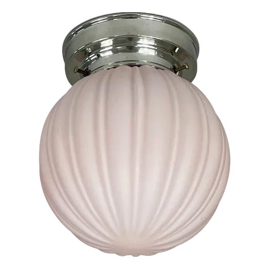 Art Deco Pink Frosted Glass and Chrome Globe Flush Mount, Sweden, 1940s For Sale