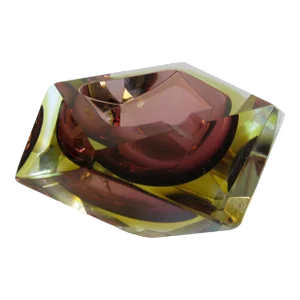 C.1970's Italian Flavio Poli Hand-Blown Faceted Murano Catchall Bowl/Ashtray Auburn Brown With Light Yellow & Clear