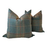 Kravet Wool Plaid “shetland” Plaid in Teal Down Filled Pillows- a Pair For Sale