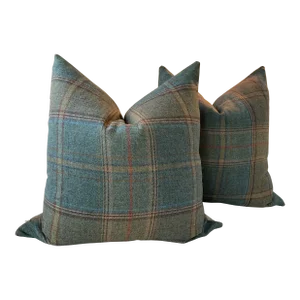 Kravet Wool Plaid “shetland” Plaid in Teal Down Filled Pillows- a Pair
