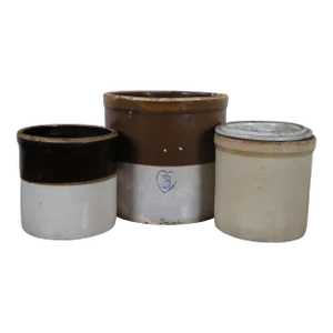 Set of 3 Primitive Antique Salt Glaze American Stoneware Crocks & Lids