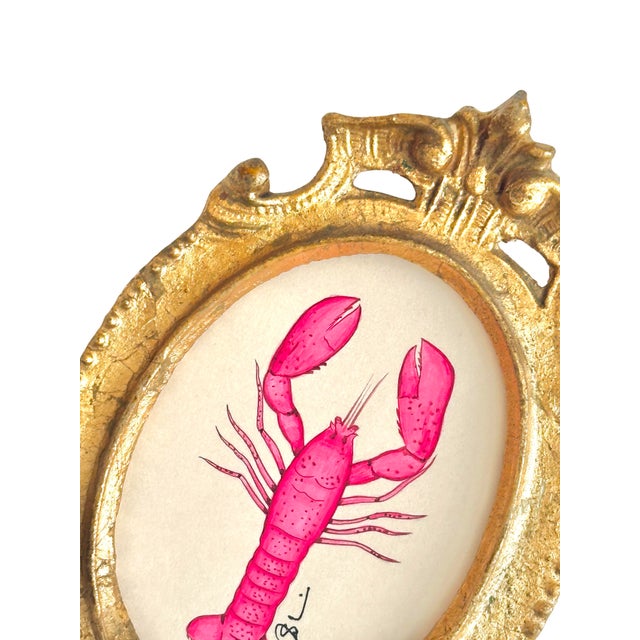 Original Hand-Painted Whimsical Pink Lobster Painting, Framed in a Vintage Frame For Sale - Image 4 of 4