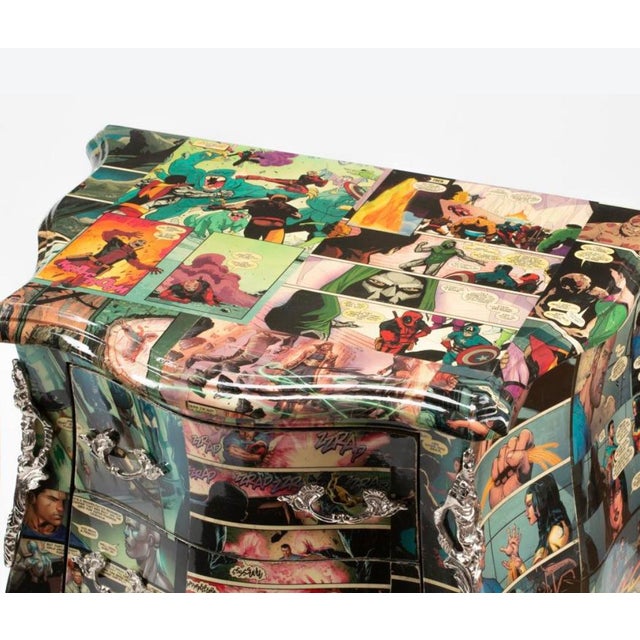 French-Inspired Comic Print Commode Nightstands Pair For Sale - Image 4 of 9