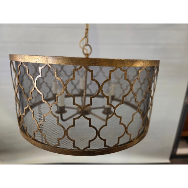 A nice Vintage Drum Gold Leaf Trellis Chandelier 5 arm. Nice quality metalwork comes with 34 inches of chain and ceiling...