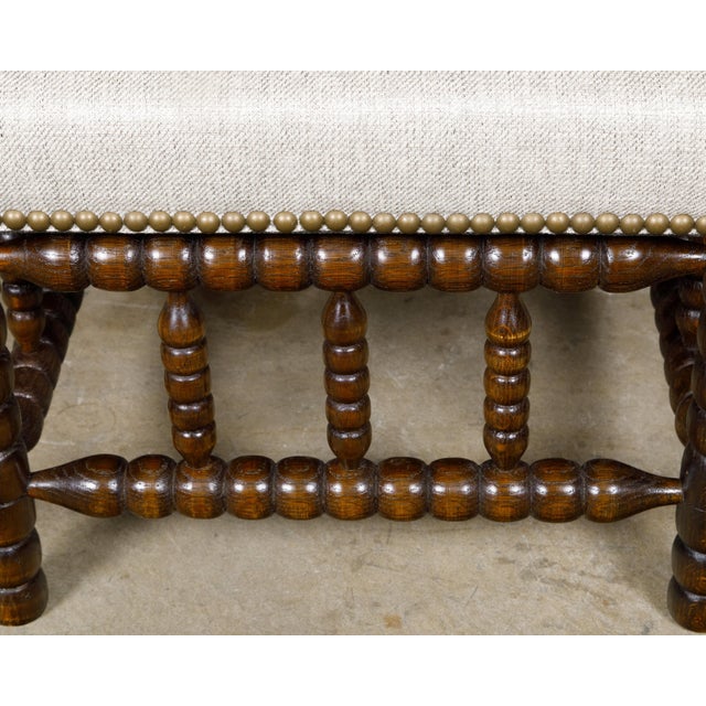 19th Century English Turned Bobbin Legs Stool with Linen Upholstery For Sale In Atlanta - Image 6 of 10