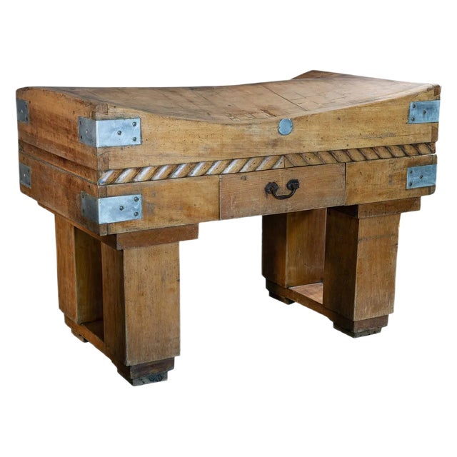 French Butcher's Block on Original Stand in Brown Beech, Early 20th Century For Sale