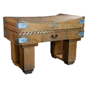 French Butcher's Block on Original Stand in Brown Beech, Early 20th Century