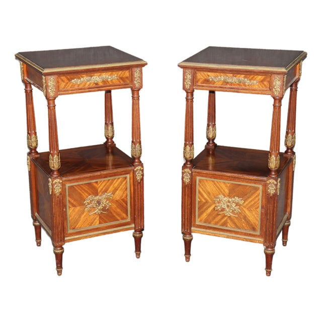 Pair 19th C. French Louis XVI Style Bronze Mounted Nightstands For Sale