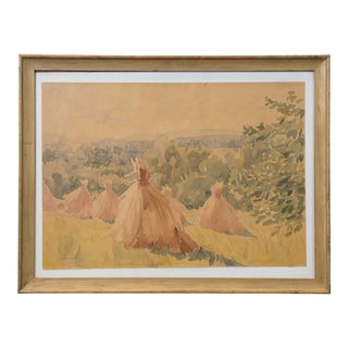 T. Karcik Farm Country Haystack Landscape Watercolor Painting 20", Framed For Sale
