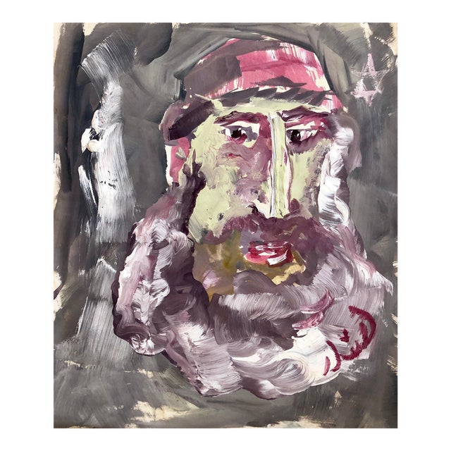 Outsider Folk Art Expressionist Rabbi Israeli Painting Signed Hebrew Jewish Star For Sale
