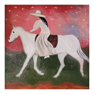 Birds, Angels, and Horse Rider, Mixed Media Equestrian Landscape Oil Painting For Sale